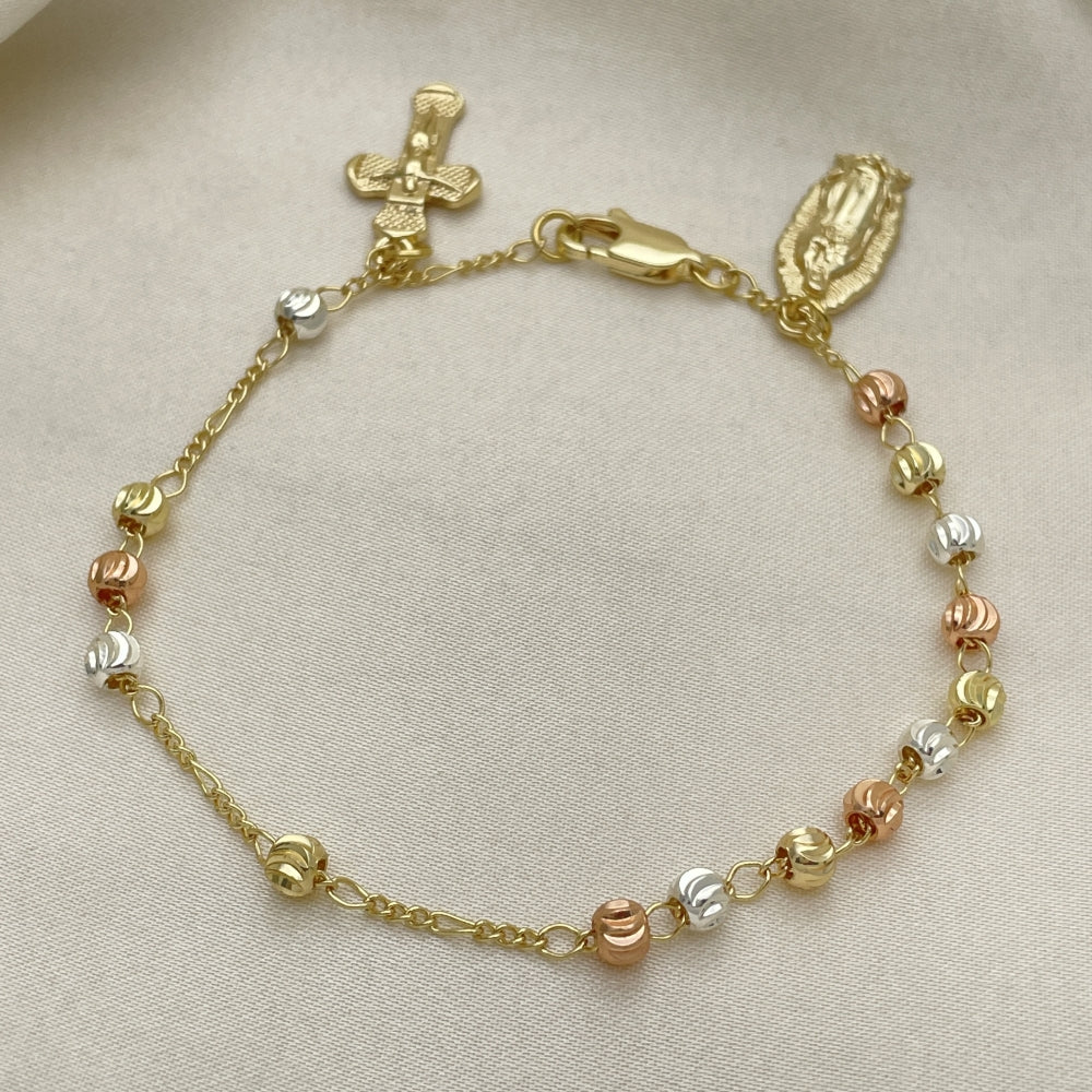 8" Tricolor Gold Bracelet w/ Guadalupe and Cross Design - Handmade Gold Filled Style Bracelets - 03.253.0089.08