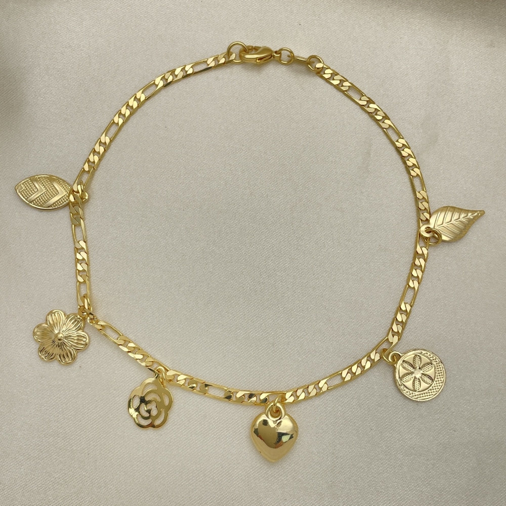 Gold Anklet - Figaro Chain w/ Leaf, Flower Heart Charms Handmade with the Highest Gold Filled Style Craftsmanship - Minimalist 03.32.0604.10