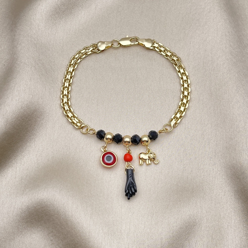 8" Gold Onyx Black Bracelet w/ Azavache, Evil Eye, and Elephant Design - Handmade Gold Filled Style Bracelets - 03.213.0219.08