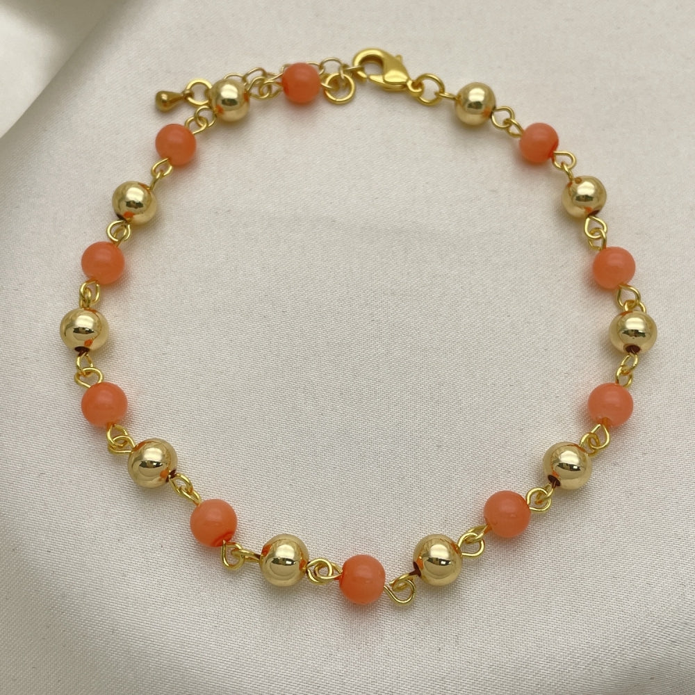 Gold Anklet - Pink Coral Pattern w/ Gold Beads Handmade with the Highest Craftsmanship - Gold Filled Style Anklets 03.63.2227.2.10