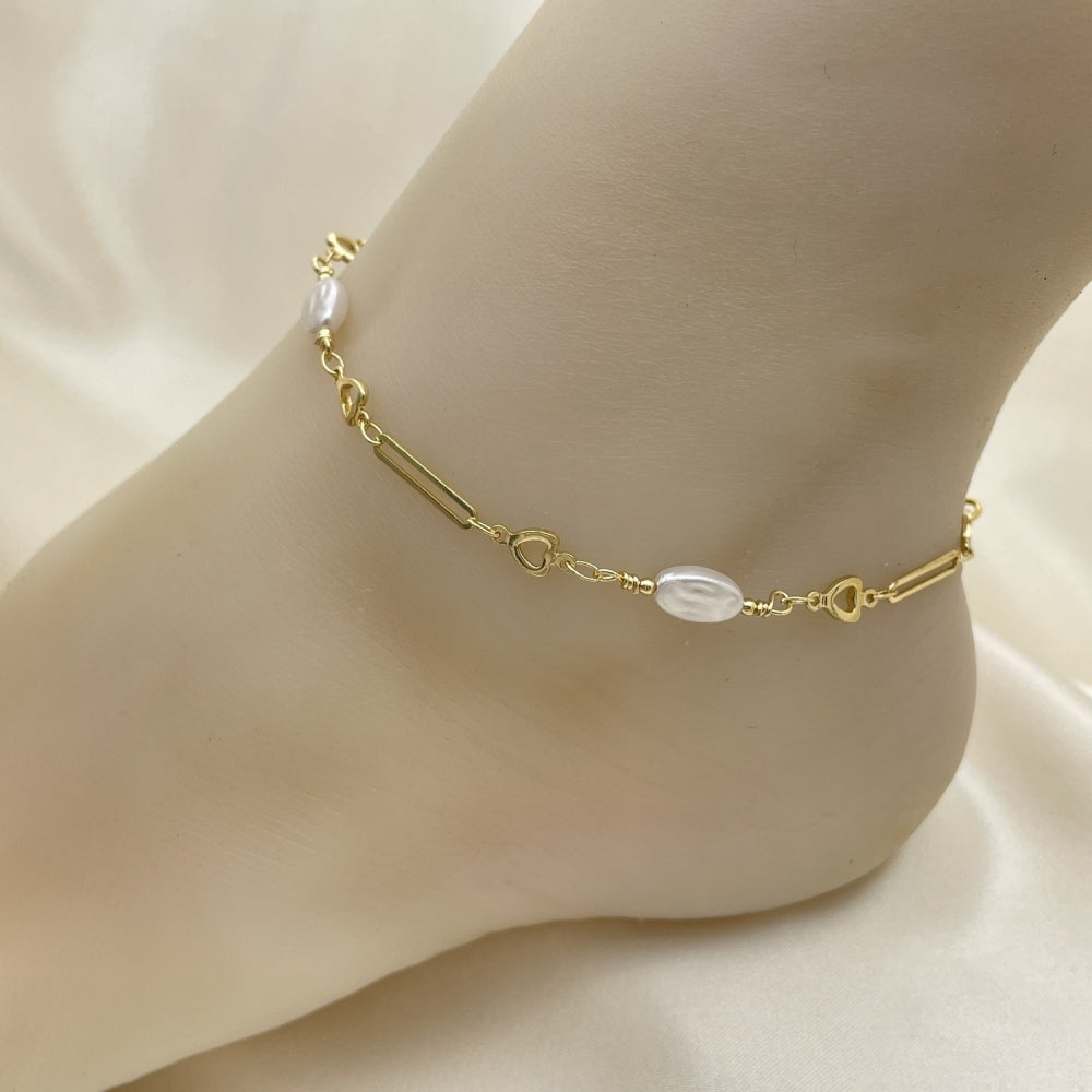 Gold Anklet -  Minimalist Heart Shape w/ Oval Pearl Handmade with the Highest Craftsmanship - Gold Filled Style Anklets 03.386.0021.10