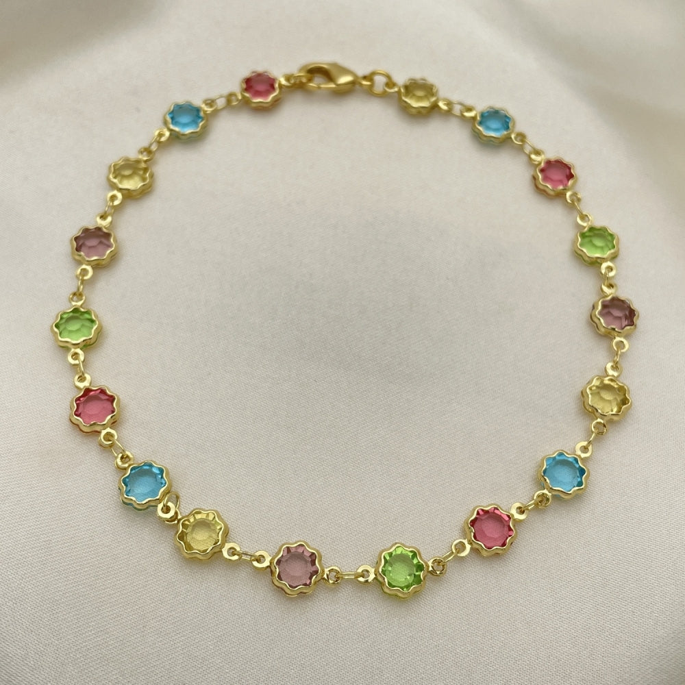 Gold Anklet -  Fancy Flower Design w/ Multicolor Stones - Gold Filled Style Anklets 03.386.0003.10