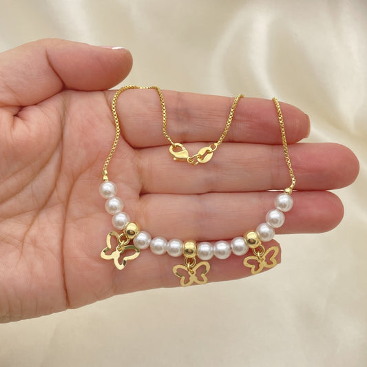 Gold Anklet -  Pearl w/ Butterfly Charms Handmade with the Highest Gold Filled Style Craftsmanship - Gold Filled Anklets 03.32.0634.10