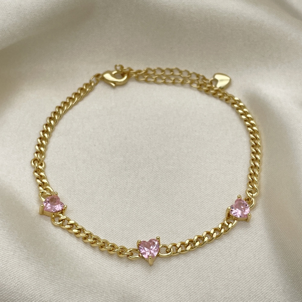 7" Adjustable Gold Cuban Bracelet w/ Pink Sapphire - Handmade Gold Filled Style Bracelets-03.213.0184.4.07