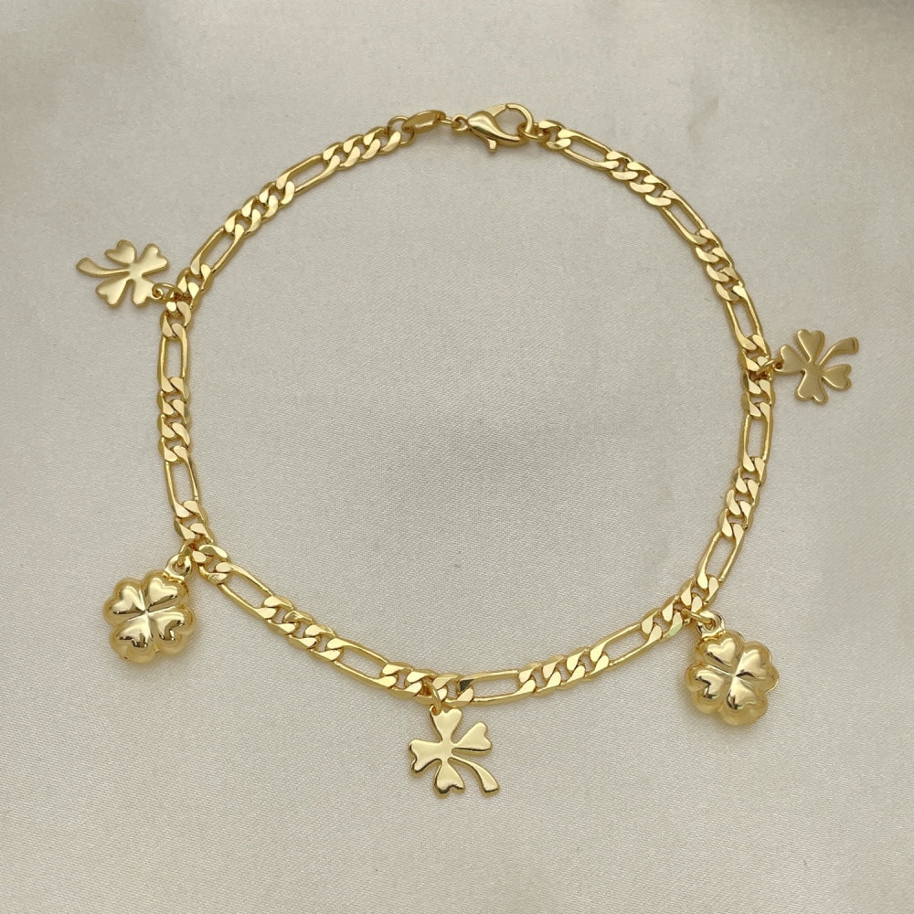 Gold Anklet - Figaro Chain w/ 4 Leaf Clover Lucky Charms Handmade with the Highest Gold Filled Style  - Minimalist Anklets 03.32.0605.10