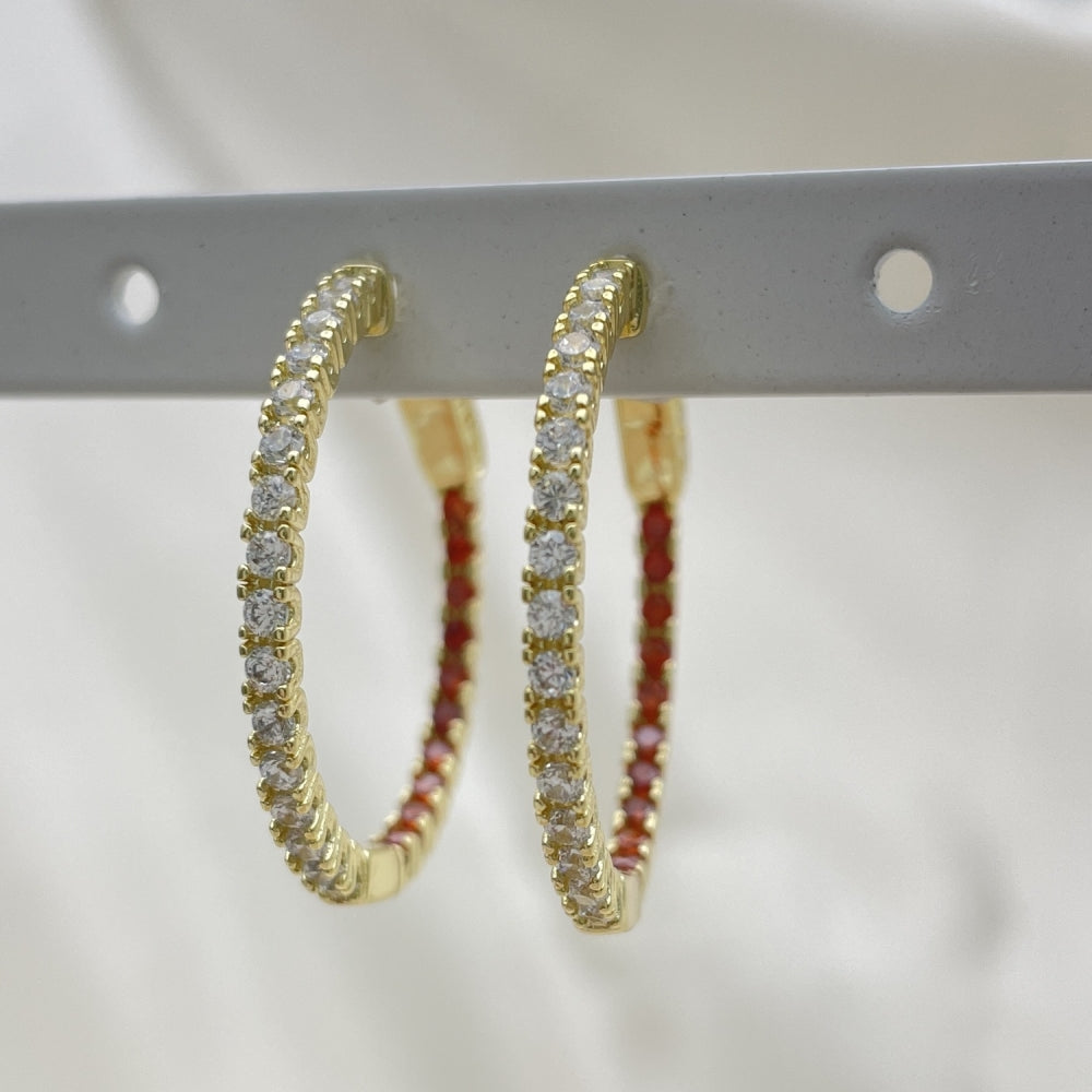 30mm Inside Out Diamond like Red Ruby Color & White Zirconia. Hoop Earrings Handmade in Gold Filled Style Lightweight - 02.156.0567.1.30