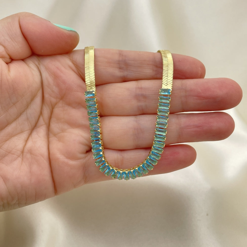 16" Gold Herringbone Necklace Chain w/ Aquamarine CZ Stones - 14K Gold Filled Style Necklace Gift for Her  04.341.0097.3.16 04.341.0097.2.16