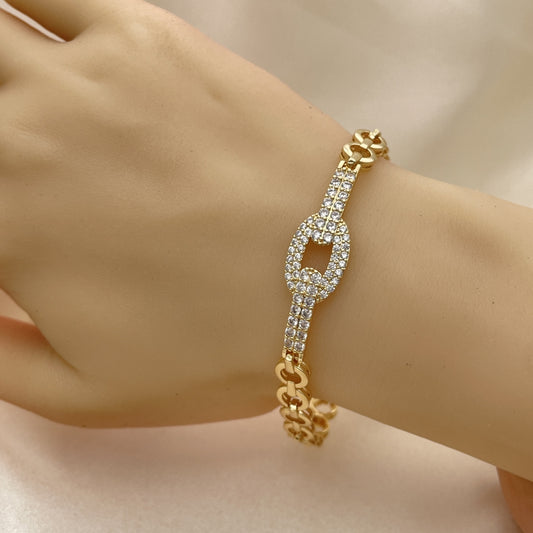 7" Gold Fancy Diamond Link Paperclip Bracelet w/ White CZ Stones - Handmade Gold Filled Style Bracelets-03.283.0043.08