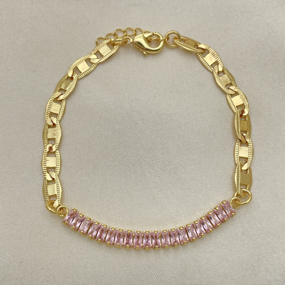 7" Adjustable Figaro Bracelet w/ Pink Sapphire Stones -Handmade Gold Filled Style - 03.130.0012.3.08