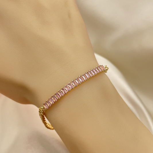 7" Adjustable Cuban Bracelet w/ Pink Sapphire Stones -Handmade Gold Filled Style - 03.130.0010.3.07