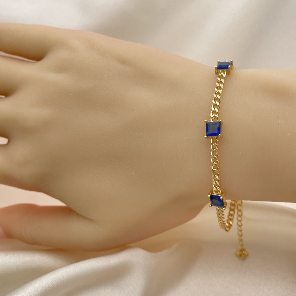 7" Adjustable Gold Cuban Bracelet w/ Square Blue Sapphire - Handmade Gold Filled Style Bracelets 03.213.0163.3.07