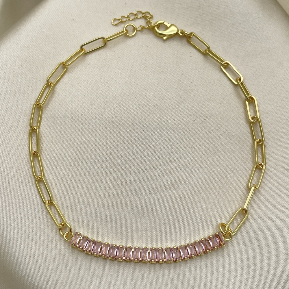 Gold Anklet - Paperclip w/ Pink Sapphire Tennis Handmade with Highest Gold Filled Style Craftsmanship Minimalist Anklets 03.130.0011.3.10