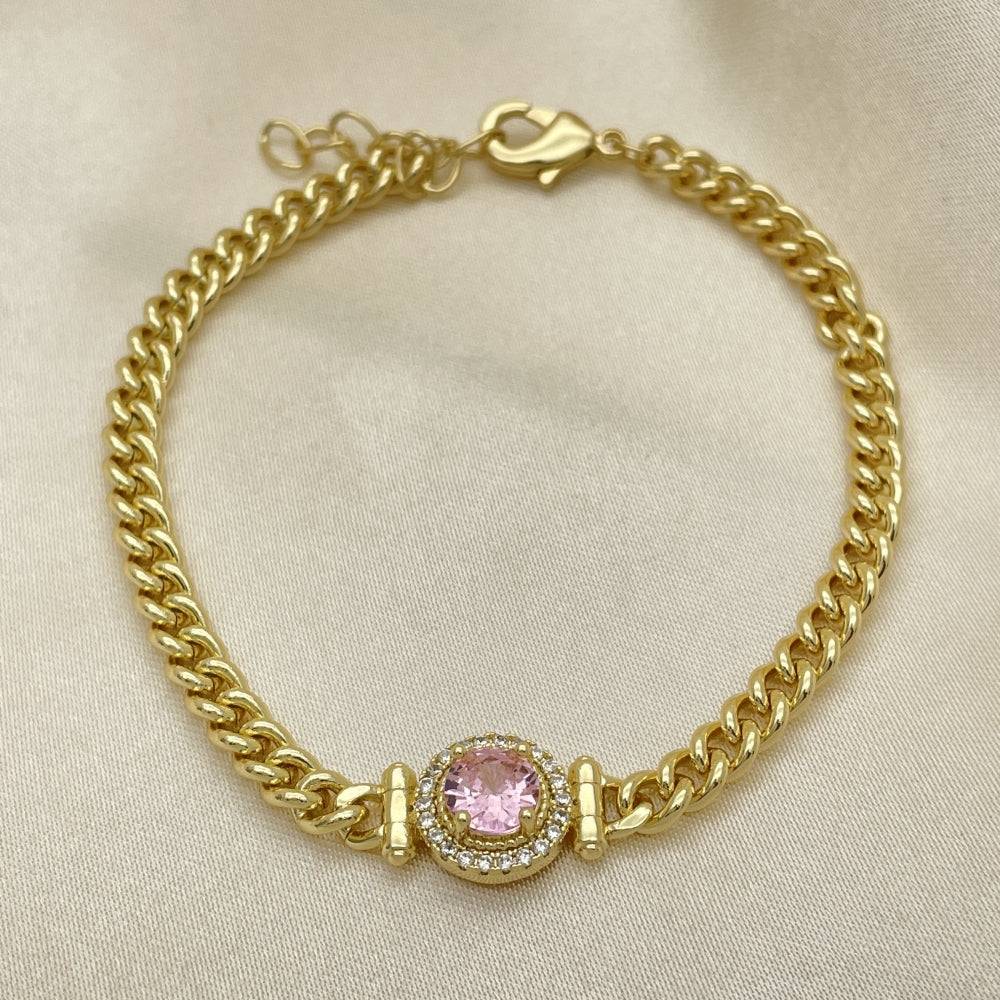 7" Adjustable Cuban Bracelet w/ Pink Sapphire White Stones Handmade - Gold Filled Bracelets - 03.213.0177.4.07