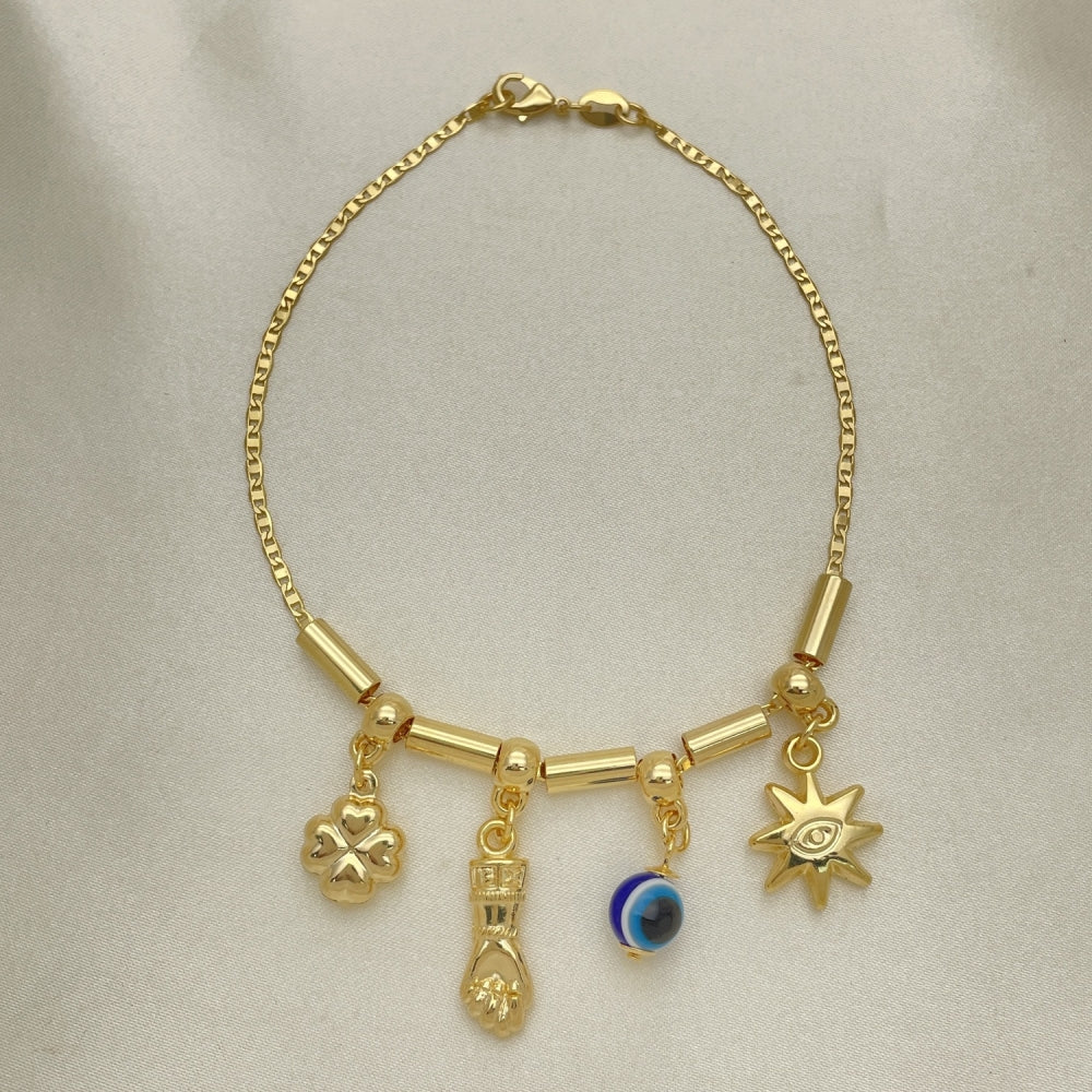 Gold Anklet - Spacers w/ Cloverleaf, Azavache, Evil Eye Charm Handmade w/ the Highest Craftsmanship  Gold Filled Style Anklets 03.32.0587.10