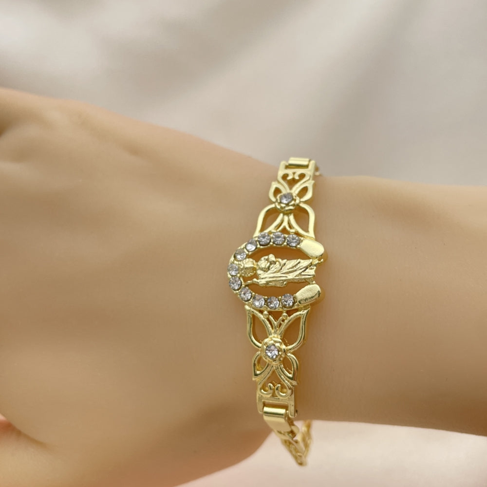 7" Gold Figaro Bracelet w/ San Judas Horseshow and White CZ Stones - Handmade Gold Filled Style Bracelets - 03.253.0076.07