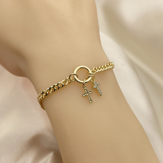 7" Gold Charm Bracelet w/ Cuban Link Design and Cross Charms - Handmade Gold Filled Style Bracelets - 03.213.0210.07