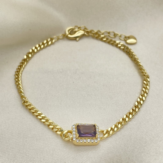 7" Adjustable Gold Cuban Bracelet w/ Square Purple Amethyst - Handmade Gold Filled Style Bracelets-03.213.0164.4.07