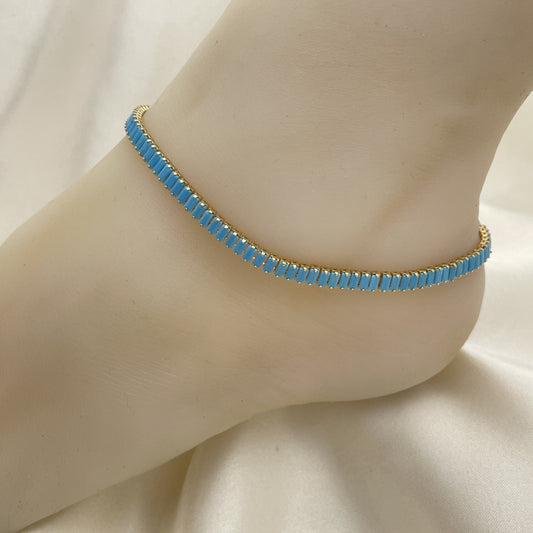 Blue Turquoise Gold Anklet - Handmade with Lab Created Gemstone with the Highest Gold Filled Style - Rhinestone Anklet 03.130.0008.6.10