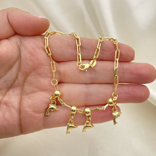 Gold Anklet - Paperclip Chain w/Dolphin Charms Handmade with the Highest Gold Filled Style Craftsmanship - Minimalist Anklets 03.32.0612.10