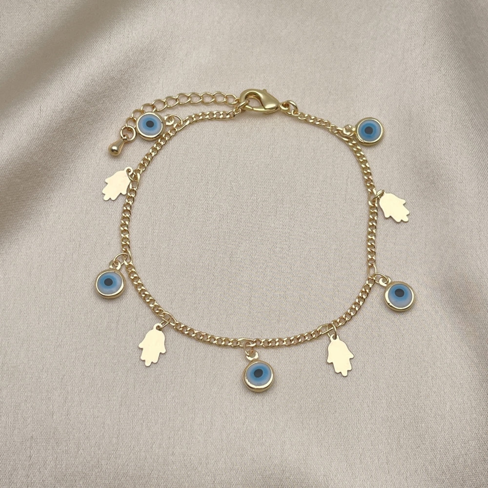 8" Adjustable Gold Cuban Bracelet w/ Hamsa and Evil Eye Charms - Handmade Gold Filled Style Bracelets 03.169.0005.08