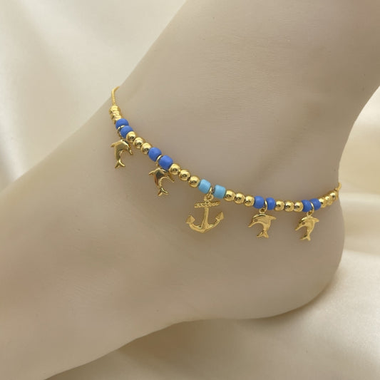 Gold Anklet - Handmade with Navy Blue Turquoise w/ Dolphin, Anchor Charms w/ Highest Craftsmanship - Gold Filled Style Anklets 03.32.0595.10