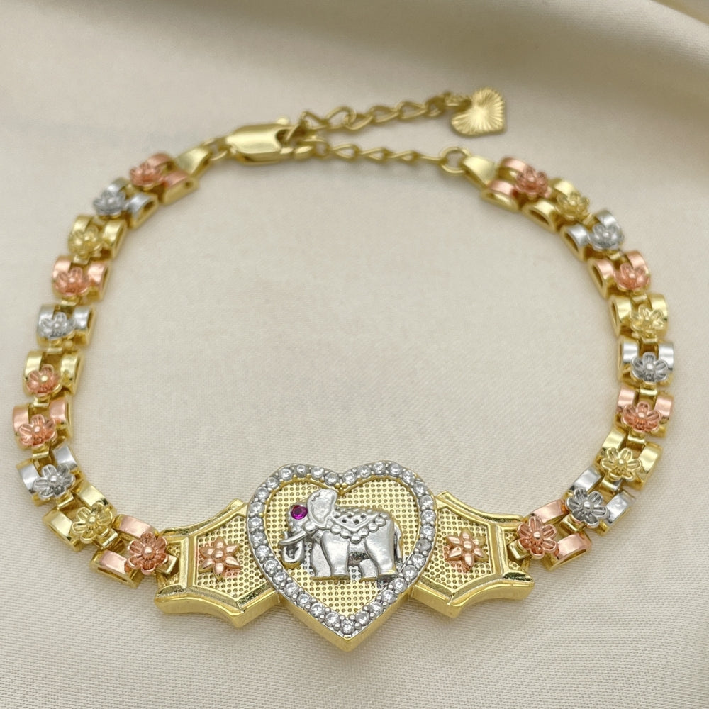 8" Tricolor Gold Bracelet Fancy w/ Elephant Heart Style and Ruby Red w/ White CZ- Handmade Gold Filled Style Bracelets - 03.253.0086.08