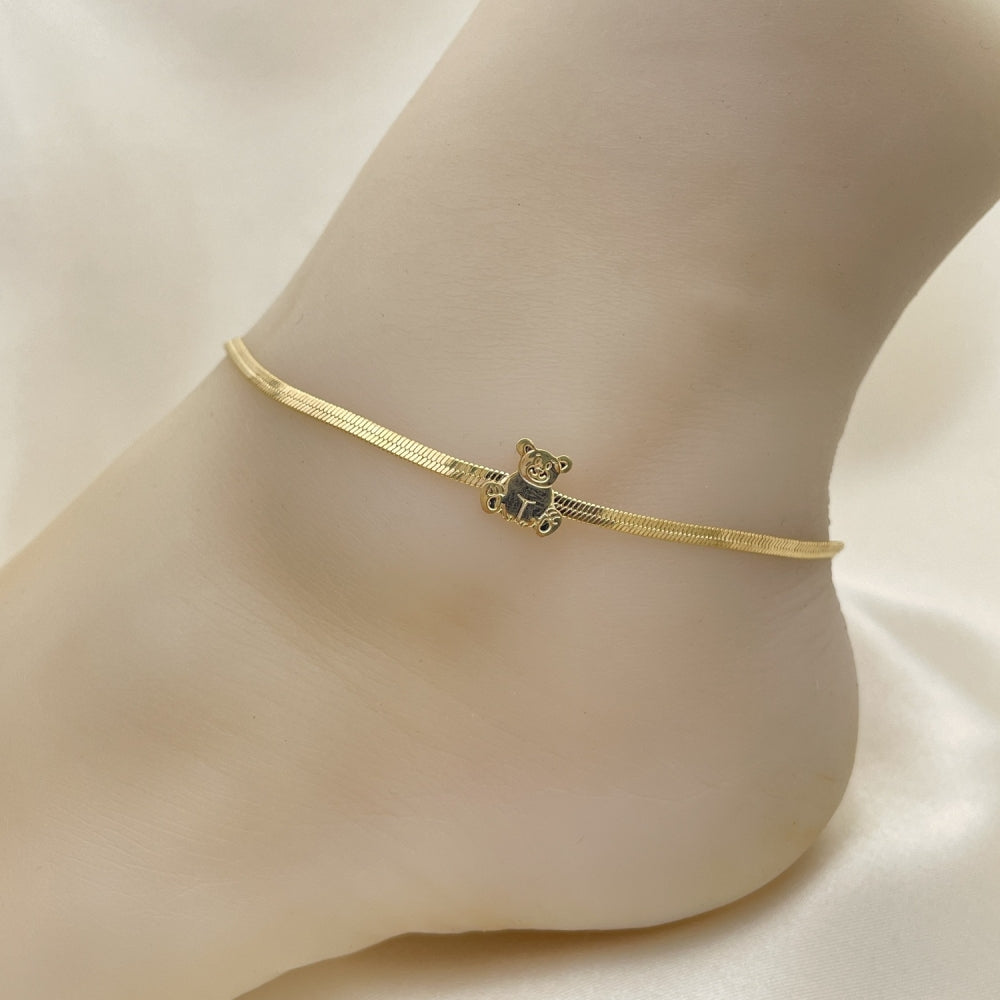 Gold Anklet - Herringbone Chain w/ Teddy Bear Charm Handmade with the Highest Gold Filled Style Craftsmanship - Minimalist Anklets 03.02.0099.10