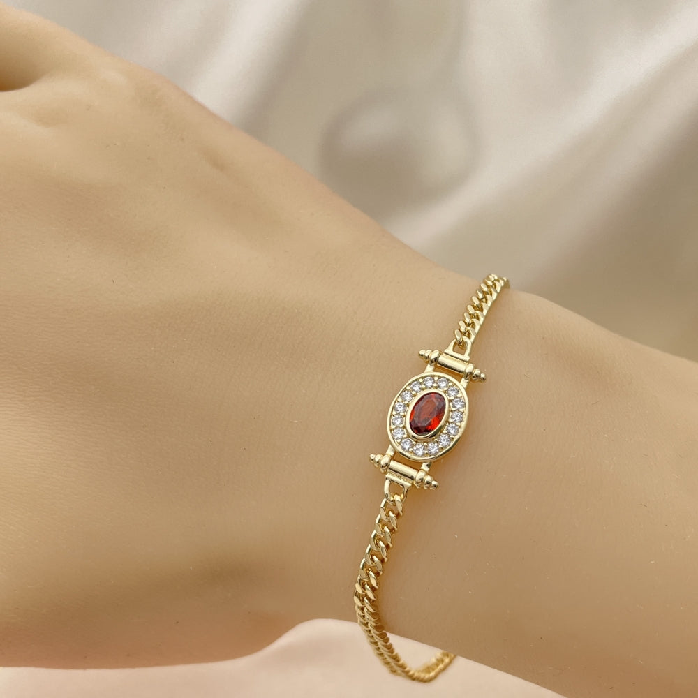 7" Adjustable Cuban Bracelet w/ Red Ruby and White CZ Stones Handmade - Gold Filled Bracelets - 03.213.0178.2.07