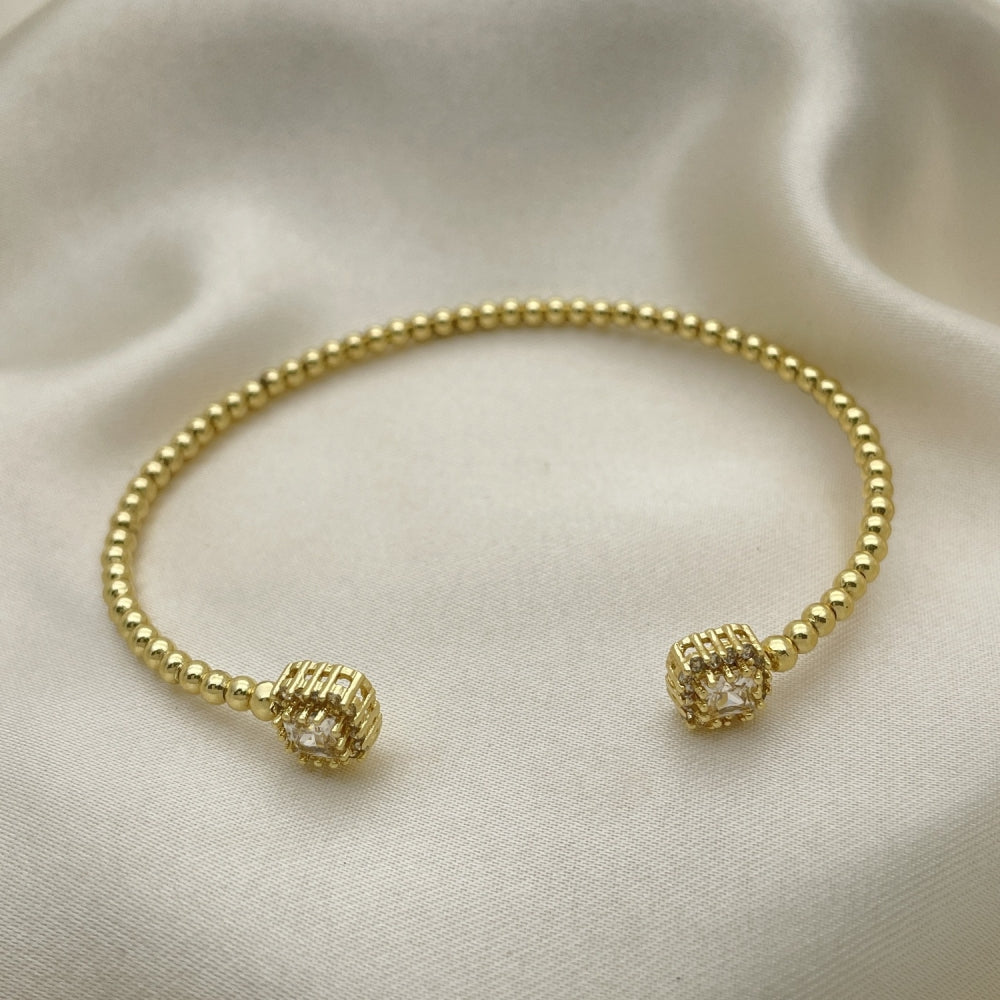 Open Gold Bead Bangle Bracelet - Handmade w/ White CZ Spacer Design - Gold Filled Style Cuff Bangles 07.228.0004