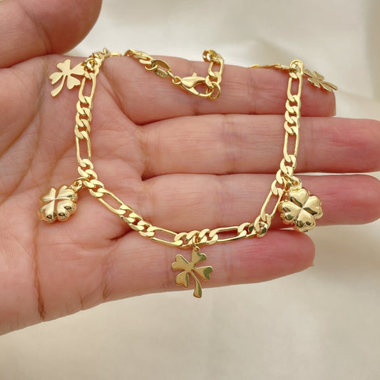 Gold Anklet - Figaro Chain w/ 4 Leaf Clover Lucky Charms Handmade with the Highest Gold Filled Style  - Minimalist Anklets 03.32.0605.10