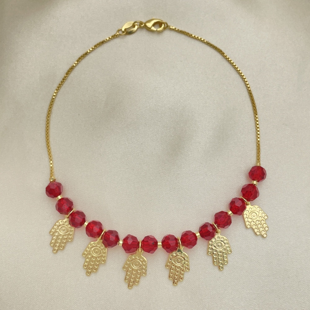 Gold Anklet - Ruby Color Red Beads w/ Hamsa Charms Handmade with the Highest Craftsmanship - Gold Filled Style Anklets 03.32.0596.10