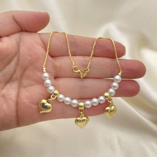 Gold Anklet - Pearl w/ Heart Charms Handmade with the Highest Gold Filled Style Craftsmanship - Gold Filled Anklets 03.32.0633.10