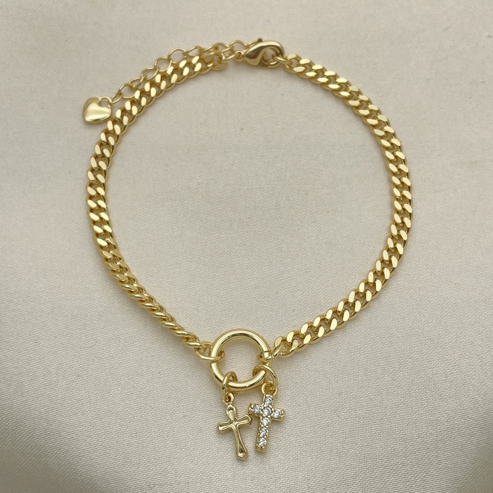 7" Gold Charm Bracelet w/ Cuban Link Design and Cross Charms - Handmade Gold Filled Style Bracelets - 03.213.0210.07