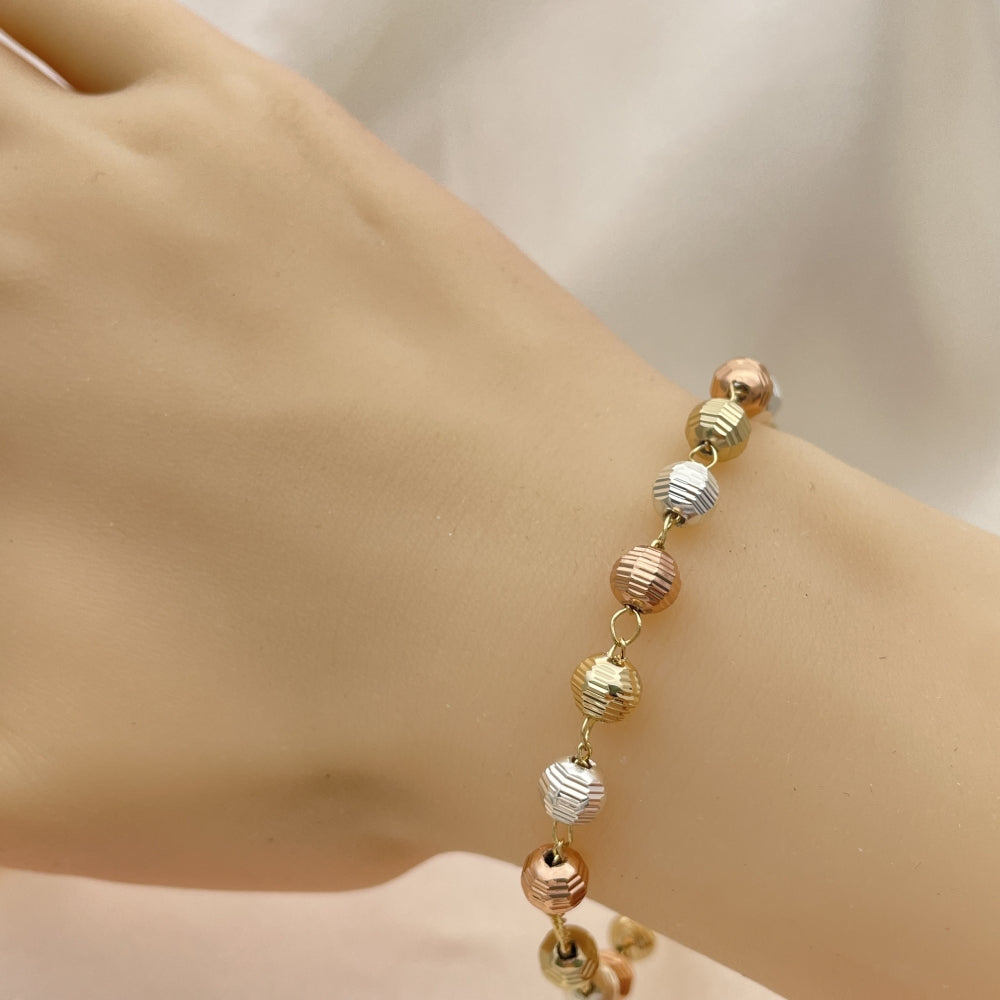 8" Gold Tricolor Ball Bracelet w/ Divino Nino (Baby Jesus) and Cross Design - Handmade Gold Filled Style Bracelets - 03.253.0093.08