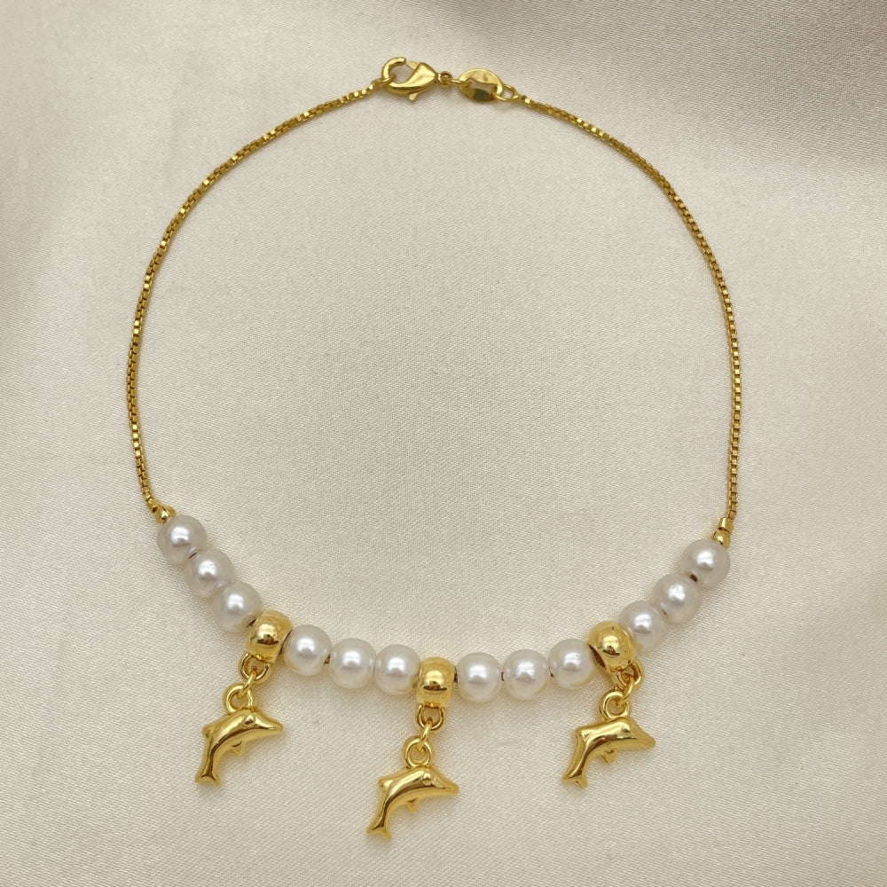 Gold Anklet - Pearl Style w/ Dolphin Charms Handmade with the Highest Gold Filled Style Craftsmanship - Gold Filled Anklets 03.32.0630.10