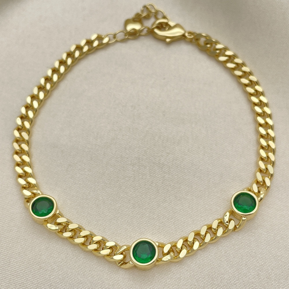 7" Adjustable Cuban Bracelet w/ Emerald Green Round Stones -Handmade - Gold Filled Bracelets -03.213.0167.07