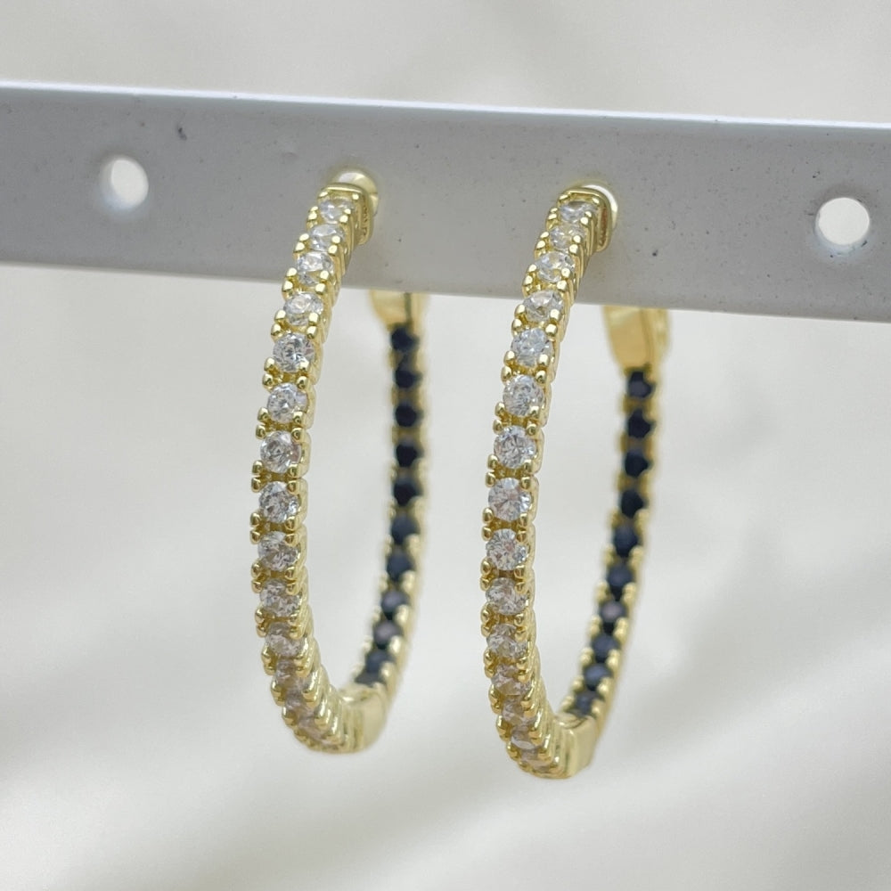 30mm Inside Out Diamond like Black Onyx Color & White Zirconia. Hoop Earrings Handmade in Gold Filled Style Lightweight - 02.156.0567.2.30