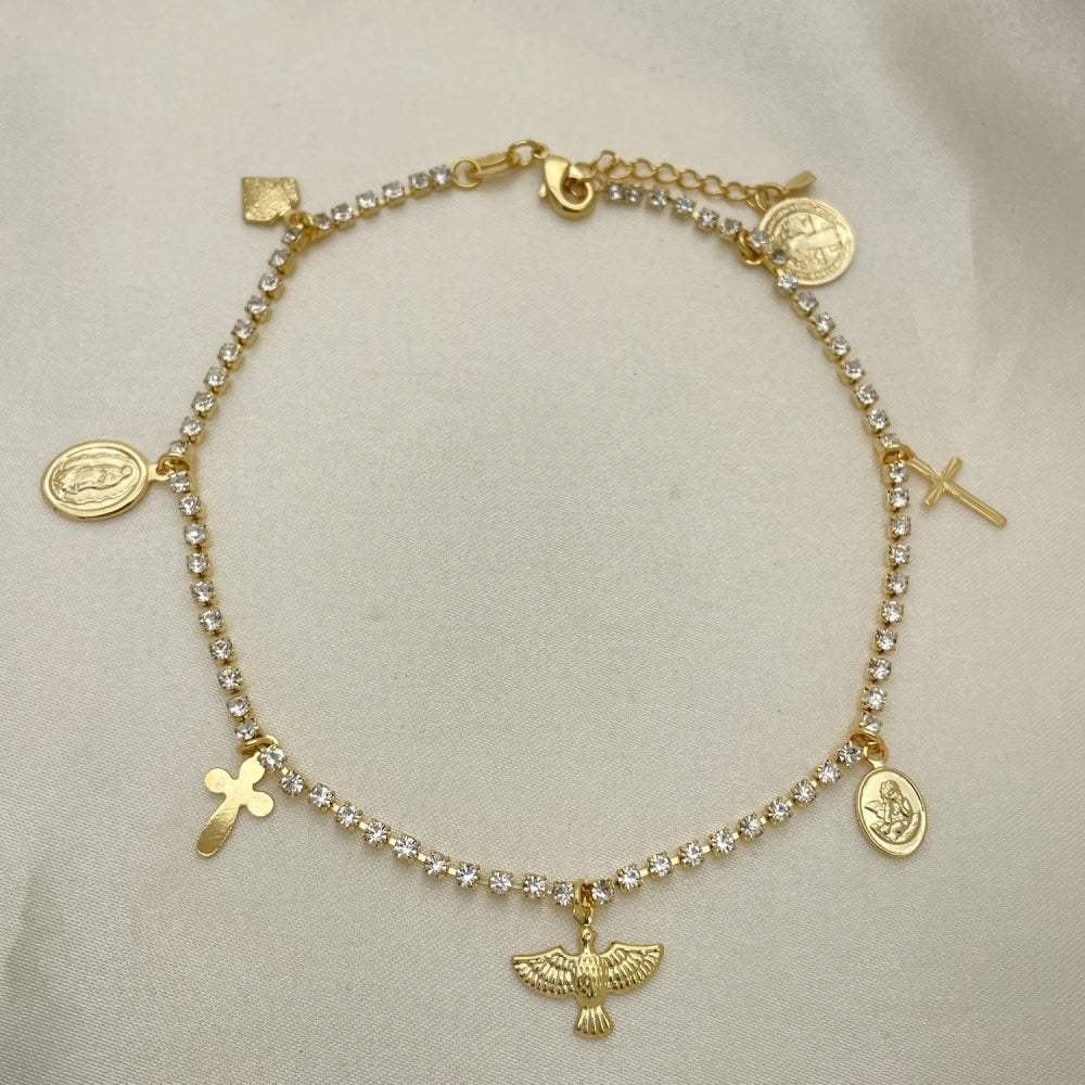 Gold Anklet - Tennis Style w/ Religious Charms Handmade with the Highest Gold Filled Style Craftsmanship - Gold Filled Anklets 03.32.0627.10