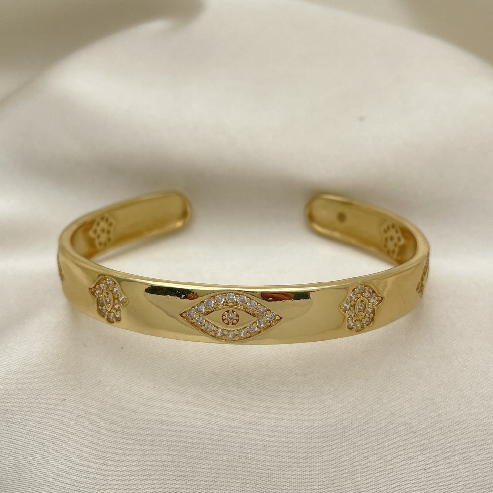 Open Gold Bangle Bracelet - Handmade w/ Evil Eye and Hand of God Design  - Gold Filled Style Cuff Bangles-07.156.0076