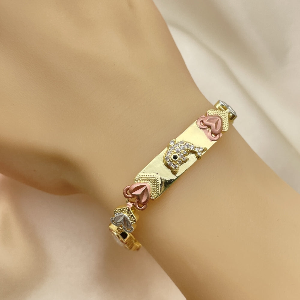 8" Tricolor Gold Fancy Heart Bracelet w/ Dolphin Design - Handmade Gold Filled Style Bracelets - 03.253.0073.08