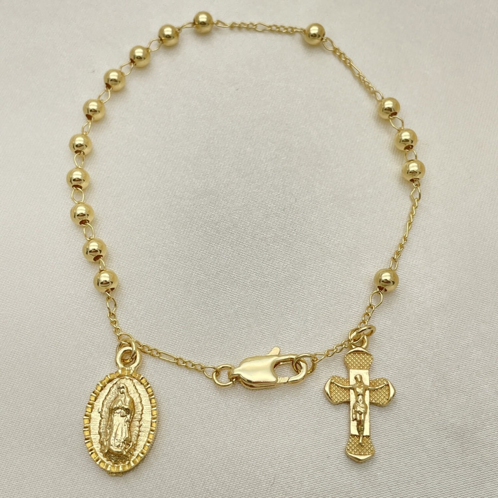 8" Gold Ball Bead Bracelet w/ Cross and Guadalupe - Handmade Gold Filled Style Bracelets 03.253.0097.08