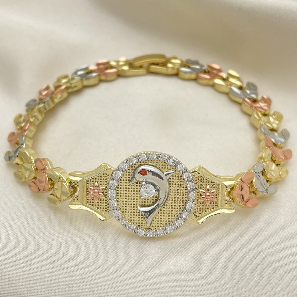 8" Tricolor Gold Bracelet Fancy w/ Dolphin Style and White CZ- Handmade Gold Filled Style Bracelets - 03.253.0083.08