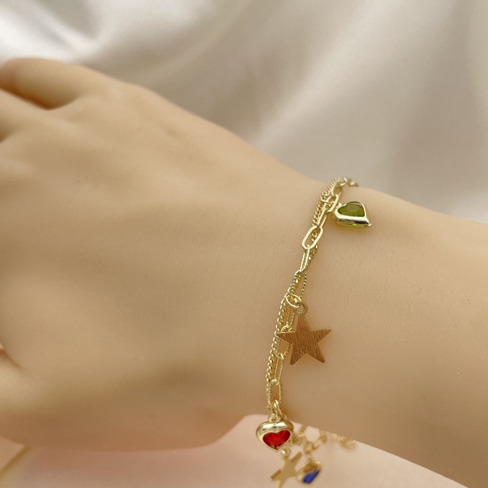 7" Gold Charm Bracelet w/ Star and Heart Charms- Handmade Gold Filled Style Bracelets - 03.213.0214.07