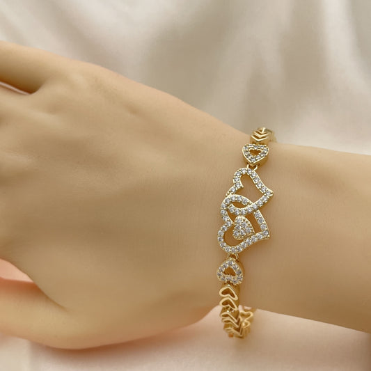 7" Gold Fancy Bracelet  w/ Heart Design White CZ Stones - Handmade Gold Filled Style Bracelets 03.283.0053.07