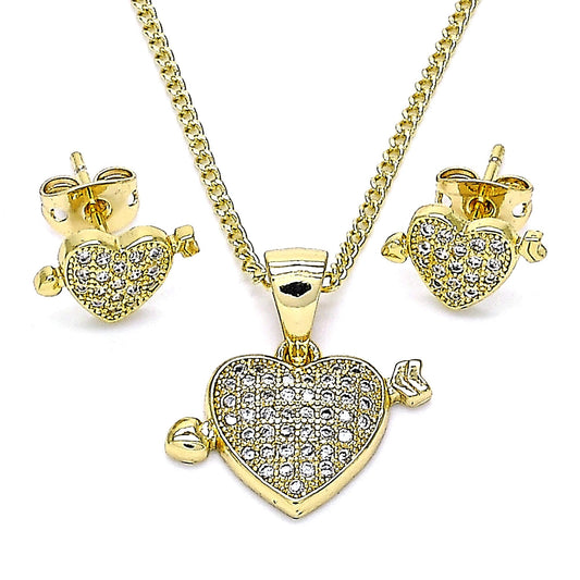 Earring, Pendant and Necklace Adult Set, Heart Design, with White Micro Pave, High Polished Finish, Golden Tone
