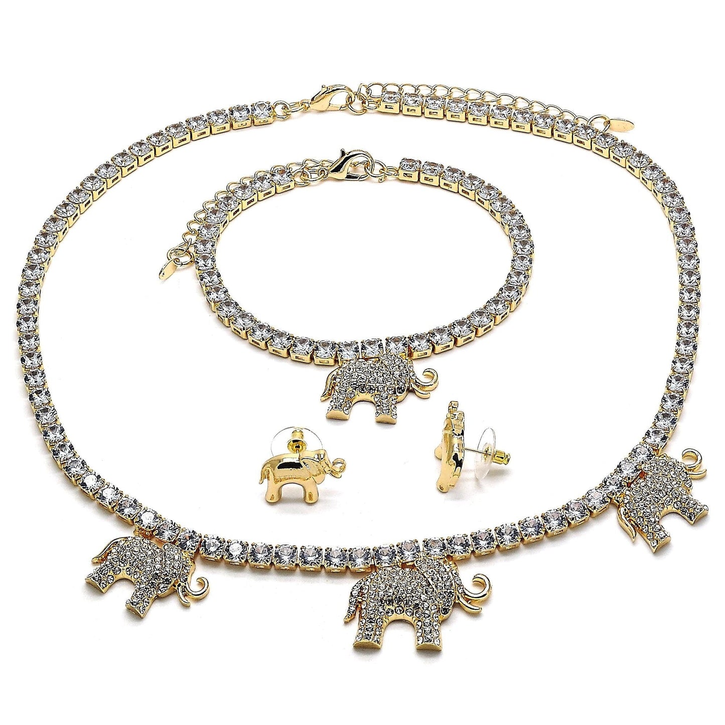 HUGS & KISSES Crystal Gold Necklace, Statement Necklace Gold Bracelet Set, XOXO Elephant Necklace Set, Gift For Her, Gift For Mom