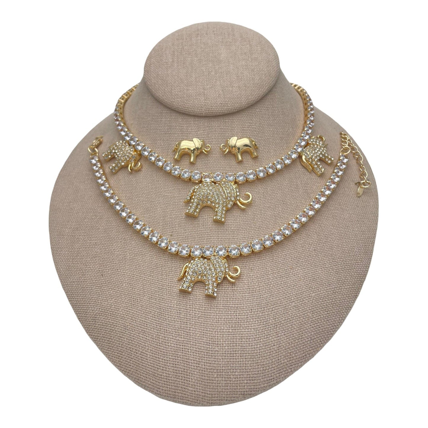HUGS & KISSES Crystal Gold Necklace, Statement Necklace Gold Bracelet Set, XOXO Elephant Necklace Set, Gift For Her, Gift For Mom