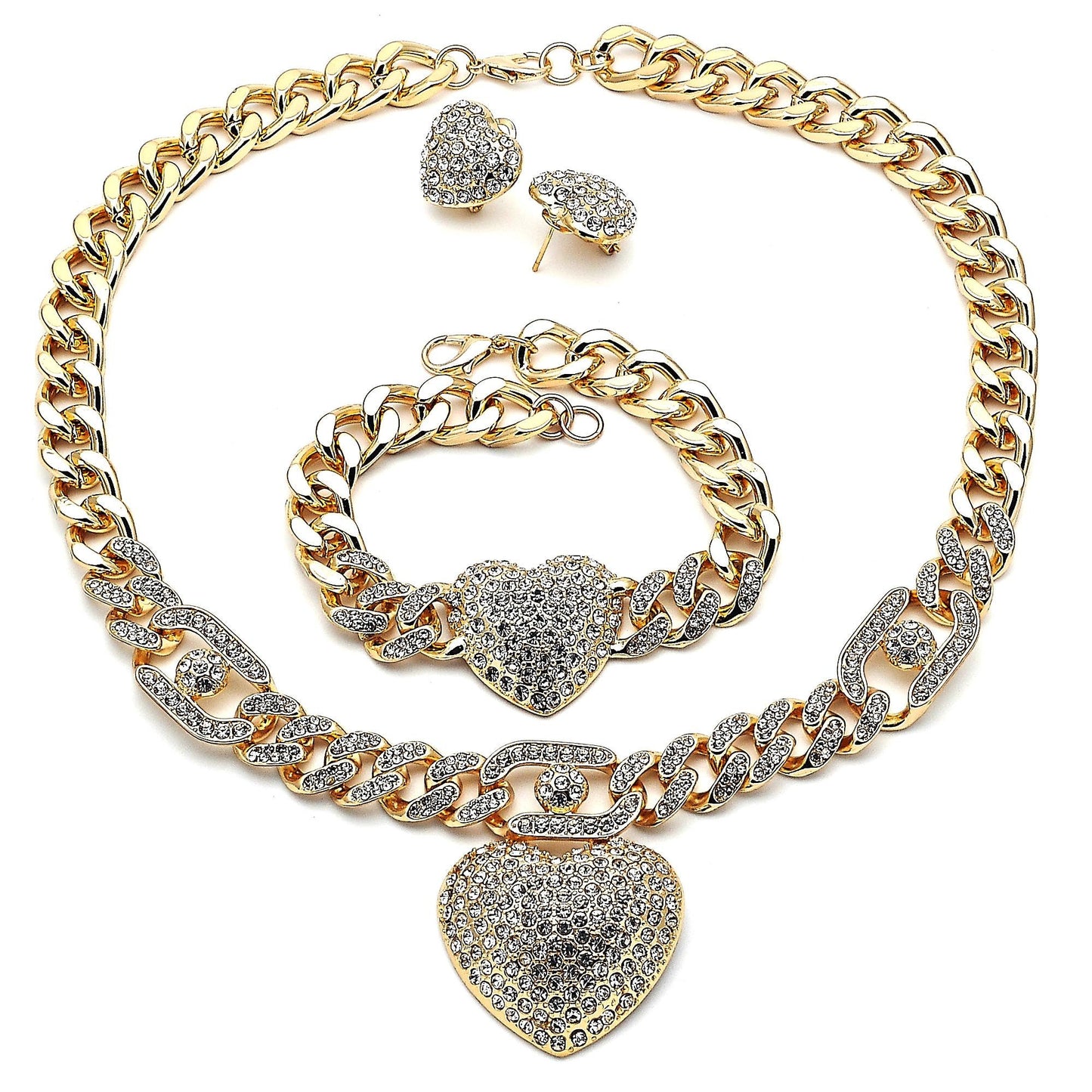 Gold Necklace HUGS & KISSES Necklace Set, Statement Cuban Link Crystal Necklace, XOXO Necklace Set  Heart Charm, A Nice Gift For Her