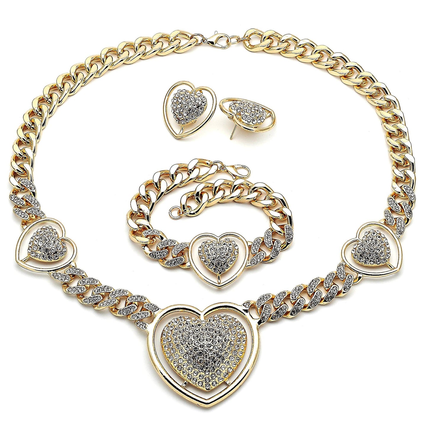 Gold Necklace HUGS & KISSES Necklace Set, Statement Gold Filled Cuban Link Crystal Necklace - XOXO Necklace Heart Set - Gift For Her