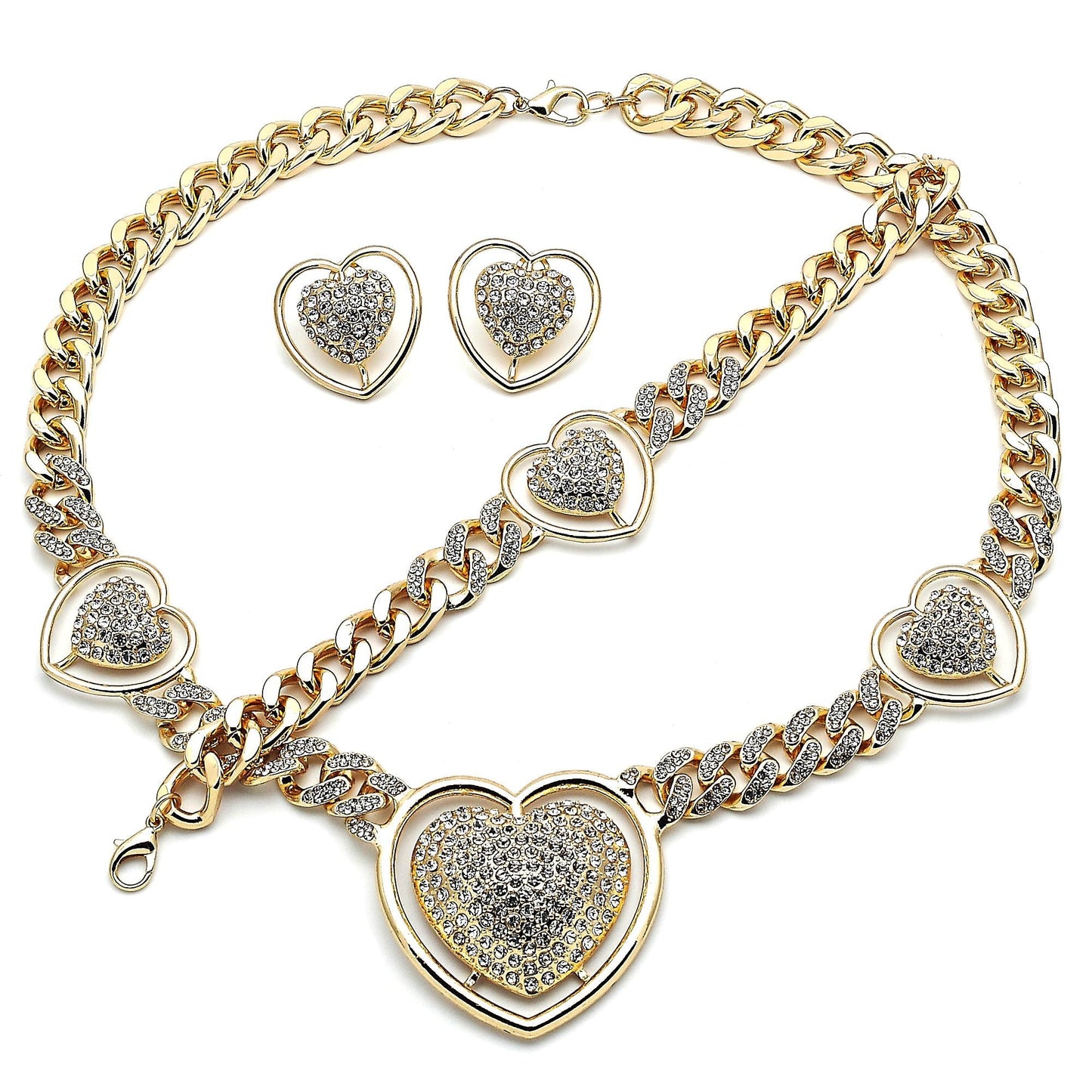 Gold Necklace HUGS & KISSES Necklace Set, Statement Gold Filled Cuban Link Crystal Necklace - XOXO Necklace Heart Set - Gift For Her